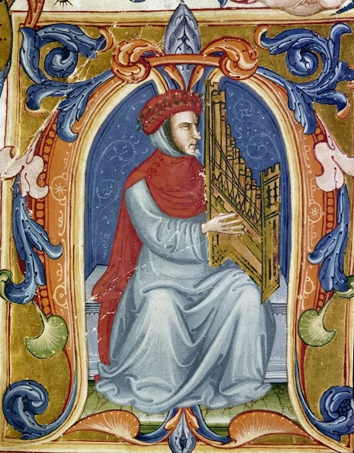 Francesco Landini tocando un órgano portátil. 